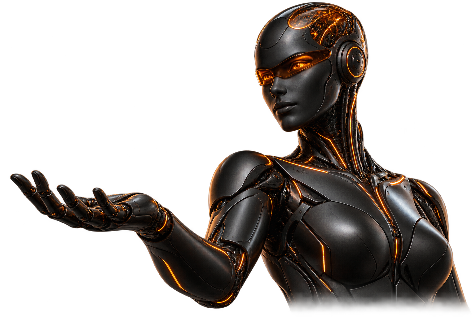 Oráculo de Órbita, un androide de cerámica negra con un núcleo neural naranja y la palma abierta.
